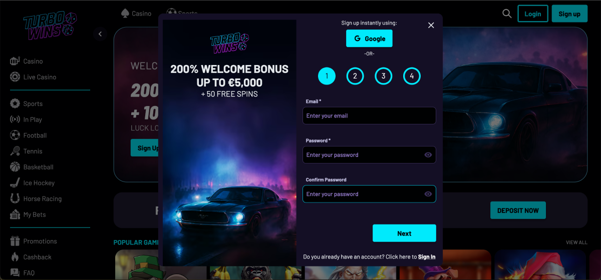 Turbo Wins casino registration and login