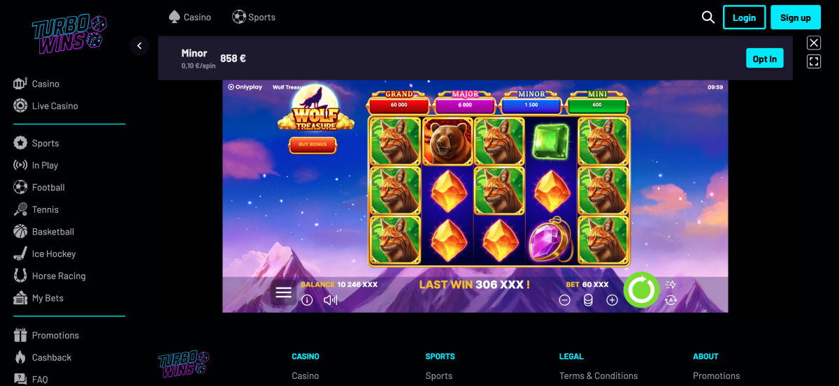 Play Turbo Wins online Wolf Treasure slot machine with high volatility jackpots