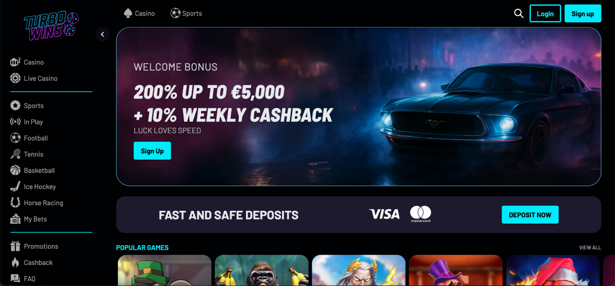 Turbo Wins casino official logo and welcome bonus banner for Australian players