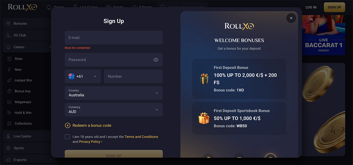 RollXO casino registration form and account creation page RollXO casino registration form and account creation page