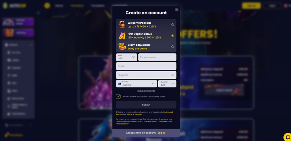 SlotsGem casino registration form and account creation